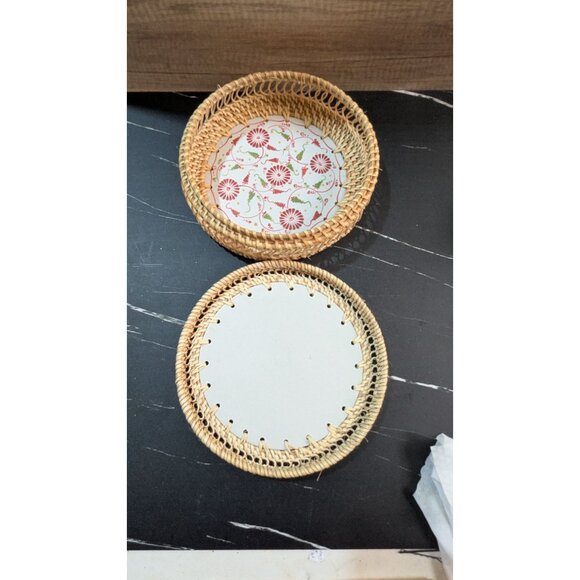 Wicker Ceramic Lidded Basket 10" Round Storage Box Handmade Floral Design - Picture 2 of 7